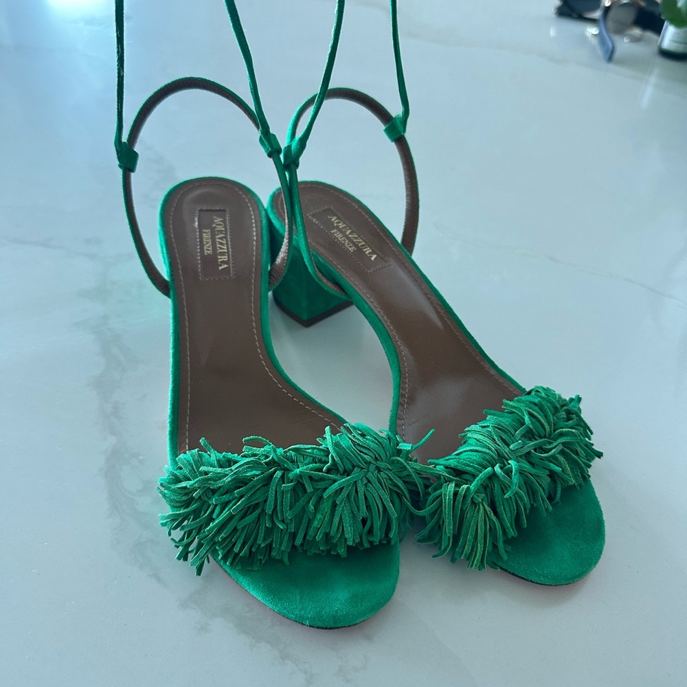 Aquazzura Green Suede Heels with Tassel Details
